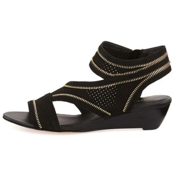 Rebecca Minkoff Black Demi Wedge Zipper Sandals Suede Womens Size 8.5 M - Picture 1 of 3